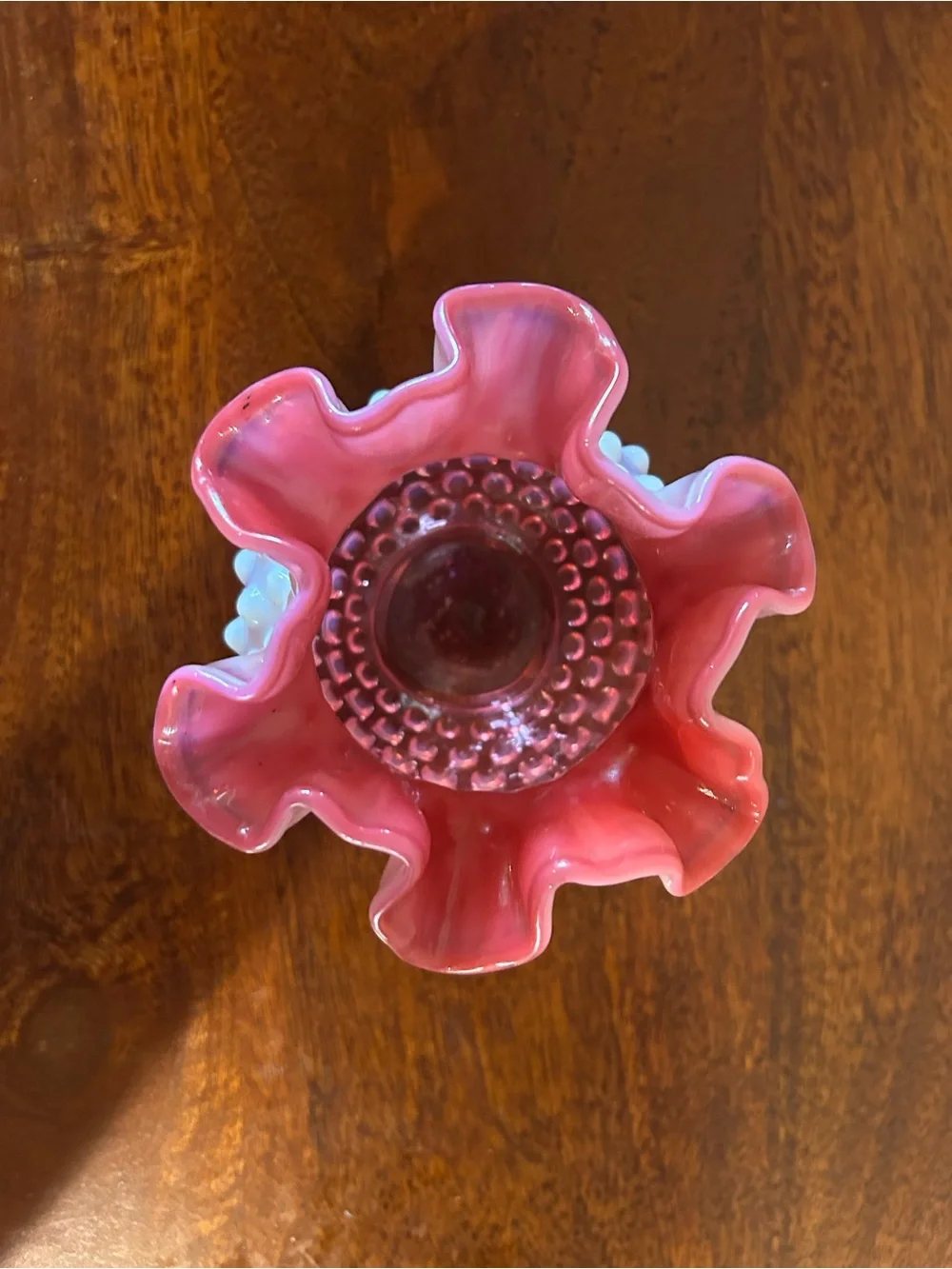 Vintage Fenton Hobnail Pink and White Glass Vase - 4.5” tall